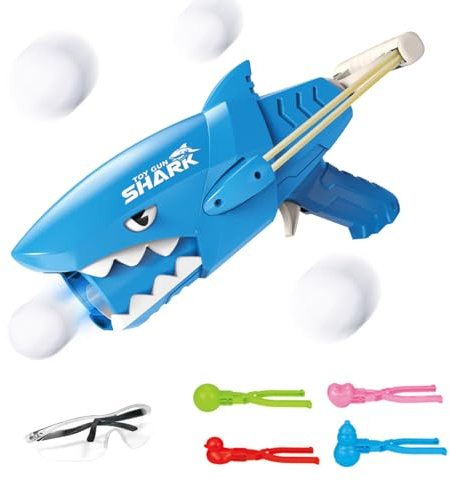Kids Snowball Launching Toy, Shark Snowball Gun Launching Toy, Snowball Maker Toy, Winter Outdoor Toys with Snowball Maker Tool Clip Goggles, for Kids Outdoor Indoor Winter Snowball Fight (Blue)