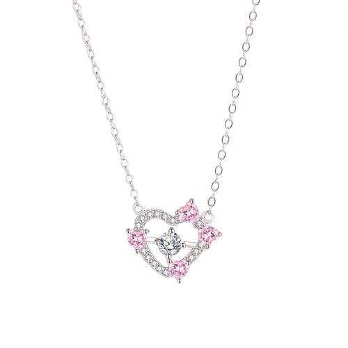 AMDXD Echt Gold Halskette Damen Jugendstil 9 Karat Weißgold 375, Anhänger Damenkette Herz mit Moissanit Rundschliff Weiß, Kette Frau Geschenk mit Labor Erstellt Rosa Saphir 9K Gold, 40+5CM
