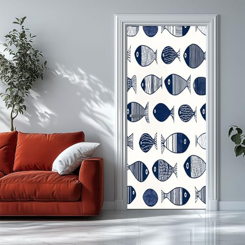 Tür Tapeten Selbstklebend Skandinavischer Stil Fisch 90x200 cm Blau Türposter Türaufkleber Wasserdicht Abnehmbare Vinyl Türfolie Fototapete Diy Wandbild Schlafzimmer Badezimmer