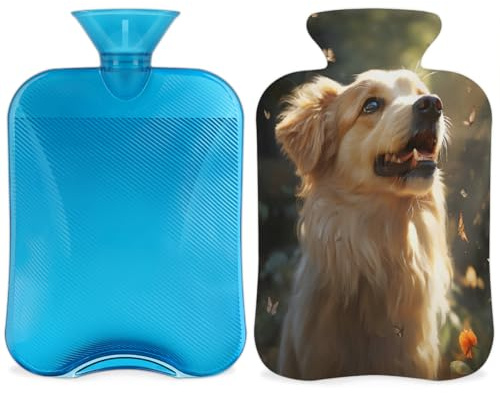 Botella de agua caliente con tapa, diseño de perro y mariposa al atardecer, bolsa de agua caliente de 2 litros para aliviar el dolor, cuello y hombros, calentador de manos y pies