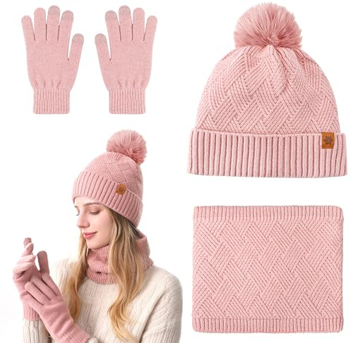 Qzakce Hat Scarf Gloves Set Winter Warm Knitted Beanie Hat Touchscreen Gloves Thick Fleece Scarf Neck Warmer for Women Ladies Girls 3 Pack