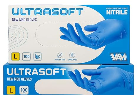 Guanti Monouso in Nitrile Ultrasoft Blu – Senza Lattice e Senza Polvere – Resistenti, Non Sterili, Microruvidi e Confortevoli – Uso Medico, Professionale e Alimentare – Box 100 Pz (TAGLIA L)