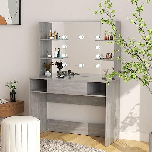 HaoChrymec Toletta Trucco con Luci LED in MDF, Scrivania Trucco con Specchio e Tavolino da Toilette Illuminato, Postazione Trucco Salvaspazio per Camera e Stanza, Grigio Cemento, 100x40x135 cm