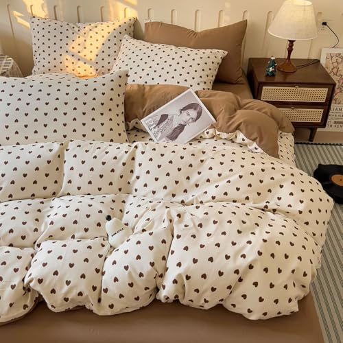 Bettwäsche 135x200 Braun Beige Herzen Mädchen Bettbezug + Kissenbezug 80x80 | Bettwäsche Set 2 Teilig, Herz, Niedlich Herzchen, Romantisch Herzmuster, Aesthetic, Weich, Microfaser, Reißverschluss