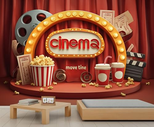 Mur de Nuit de Film Rétro, Marquise de Cinéma & Snacks Cinéma, Décor Murale Éclatant pour Salle Média & Salle de Jeux 250x195cm (Non autocollant)