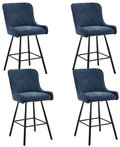 DAYALANE Barhocker 4er Set Barstuhl aus Chenille Tresenhocker mit Rückenlehne Fußstütze Modischer Bistrohocker mit Schwarzen Metallbeine für Küche, Bistro und Counter, blau