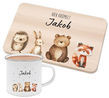 Bärenfreunde personalisiertes Frühstücksset für Kinder mit Tieren - Holz-Frühstücksbrettchen und Emaille Tasse mit Namen, Kindergeschirr, Brotzeitbrett Gravur, Geschenk für Baby (4 Waldtiere)