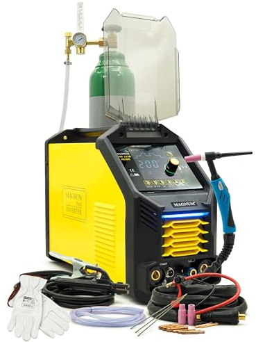 Magnum WIG AC DC Soldadora HF de encendido 200 A Inverter Juego completo | Soldadora de aluminio con kit de iniciación de pulso | Paquete de gas protector TIG Soldadoras TIG para acero inoxidable |