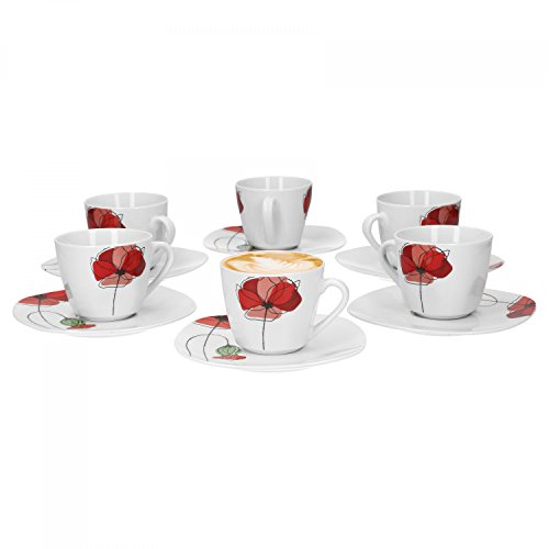 Van Well Monika Lot de 6 tasses à café + soucoupes, décoration florale, porcelaine de marque élégante, coquelicot