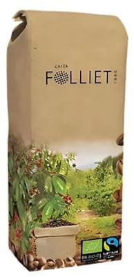 CAFÉS FOLLIET - Café En Grains Bio - Max Havelaar - Torréfaction traditionnelle - Intensité 7/10-100% Arabica - Café vert - Certifié Fairtrade - 1 kg