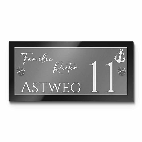 Hochwertiges Namensschild Hausnummer mit Gravur aus Acrylglas 21x10 cm mit über 80 Motiven Türschild für die Haustür mit Namen Haustürschild Familienschild Haus Garten