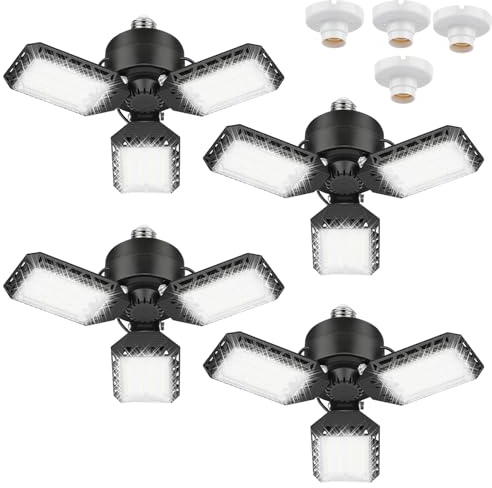 4 Pack Led Garage Lights, 60W Deformable Garage Ceiling Light 8000 lm E26 Basement Lights with 3 Adjustable Led Panels, Fits for Warehouse, Workshop, Barn, and Yard