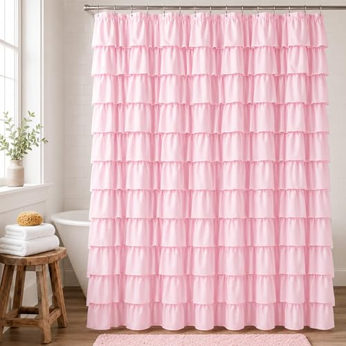 WestWeir Ruffle Shower Curtain,84-inches Extra Long,Pink Ruffled Bath Curtains for Bathroom,Fabric Farmhouse Decor,Soft Touch Decorative Cloth Texture,(72 inch Wide,1 Panel)
