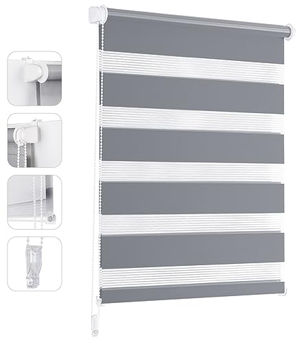 Sekey Doppelrollo Klemmfix ohne Bohren für Fenster, Doppelrollo 55 cm breit, Duo Rollo Jalousie Sonnenschutz, 55x130cm, Grau