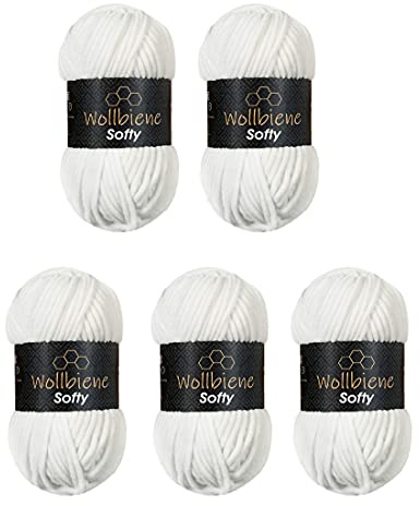Wollbiene Softy001 Ull för stickning, Vit, 100 g x 5 stycken