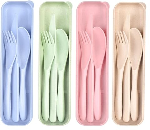 4Pcs Plastic Travel Cutlery Set, Utensil Set for Camping Lunch Box | Reusable Spoon Knife Forks Tableware, Portable Cutlery Set for Work School or Daily Use (Light)