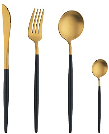 TUPMFG 16 Pieces Black Handle Cutlery Sets, Matte Flatware Set Service for 4, Stainless Steel Silverware Set with Knives Forks Spoons, Dishwasher Safe