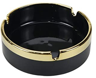 WDONAY 1 cendrier rond en céramique avec bord doré pour la maison, le bureau, 9,2 x 4,6 cm, noir