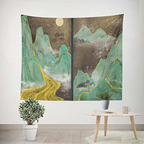 Wandteppich Aesthetic, Retro Asiatischer Orientalischer Wandteppich, Wandbehang, Grüne Hügel, Bäume, Mondlandschaft, Wandteppiche Für Schlafzimmer, College, Wohnheim, Wohnzimmer, Zuhause, Stran