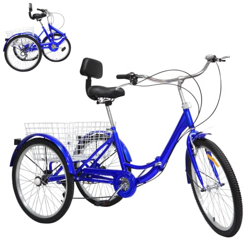 Futchoy 24 Zoll Dreirad für Erwachsene, 7 Gänge, verstellbar, faltbar, Trike-Fahrrad mit Rückenlehne, 120 kg Tragkraft, 3 Räder, Cruiser-Fahrrad mit großem Einkaufskorb (blau)