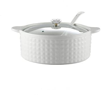 FROOWAN Tureen - Juego de sopa con tapa y cucharón, 2 litros de cerámica con tapa de vidrio, cuencos de sopa con asas dobles, porcelana, blanco, apto para microondas y lavavajillas
