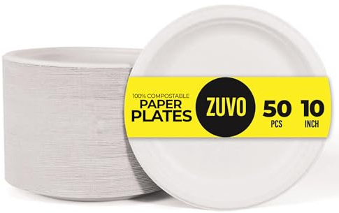 Zuvo Compostable Paper Plates 10 Inch, 50 Pack, Disposable Party Plates | Pressed sugarcane bagasse, white, cut and oil resistant, microwave and freezer safe, for roasts, curries and barbecue
