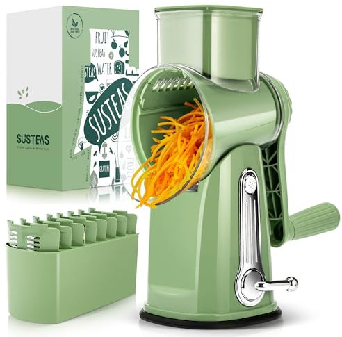 SUSTEAS Rotary Cheese Grater,Vegetable Slicer with 5 Interchangeable Blades,Strong Suction Base,Rotary Drum Grater&Food Shredder for Kitchen,with Blade Storage Box-Ideal for Cheese,Cucumber,Carrot,Nut