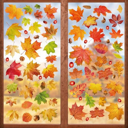 Thanksgiving Fenster Aufkleber, Herbst Fensterbilder, Abziehbilder Dekorationen, Ahornblätter Marone Eicheln Fenster Sticker, Fensteraufkleber für Erntedankfest Party Herbst Saisonale Dekor (A)