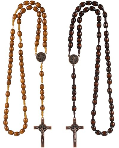Sinmoe 2 Collares de Rosario de Madera Cadenas de Rosario de Madera Católico Cuentas de Oración Hechas a Mano con Colgante de Cruz Joyería Religiosa Sagrada para Comunión Bautismo Bautizo Mujer