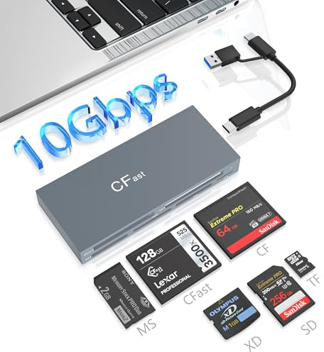 6-in-1 CFast-Kartenleser, USB 3.2 10 Gbit/s CFast 2.0 XD Picture-Kartenleser für CFast/SD/TF/MS/XD/CF, XD Kartenleser Leser USB C + USB A Memory Stick Pro Duo-Adapter. Lesen Sie 6 Karten gleichzeitig