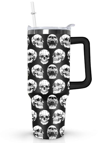 Ceovfoi Totenkopf-Becher mit Henkel, 1025 ml, Deckel und Strohhalm, Gothic-Halloween-Dekoration für Damen