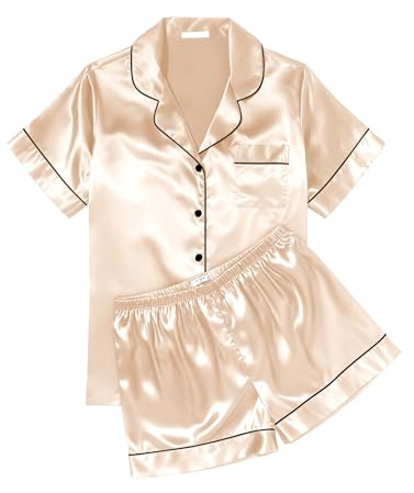 Ekouaer Womens Silk Satin Pajama Sets Soft Short Sleeve Button Up Sleepwear