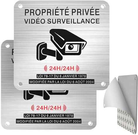 Upifen Panneau Camera Surveillance Aluminium Adhesif 15×15 cm, 2 Pièces Vidéo Surveillance Panneau, Propriété Privée sous Surveillance Vidéo, Trous Pré-percés