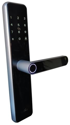 ICASA Smart dörrlås HC-E010 för dörr i djupgrå färg. Digitalt lås med wifi och 5 sätt att öppna. Elektriskt lås med säkerhetslås och fjärrkontroll APP.