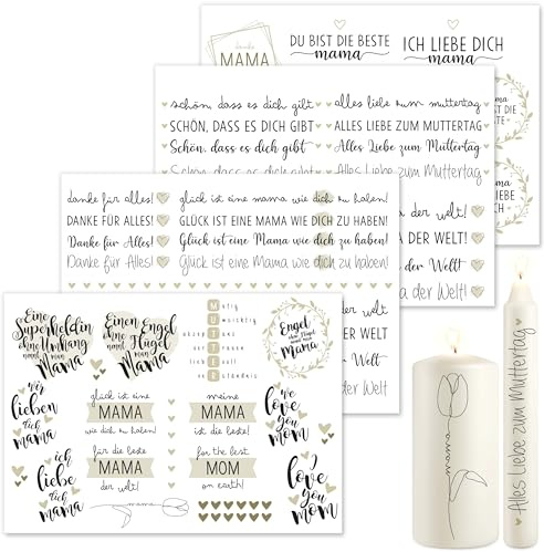 OWLBOOK® Kerzentattoos Mama Kerzen Tattoo Folie Muttertag Kerzen Sticker Kerzensticker Aufkleber I Geschenke für Mama DIY Muttertagsgeschenke I Wasserschiebefolie