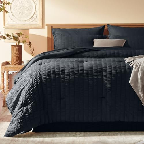 Laojin Balhen Set completo completo di piumone 8 pezzi, letto in seersucker in una borsa, piumino nero con lenzuola, set di biancheria da letto full size con piumone, lenzuola, federa e federa e