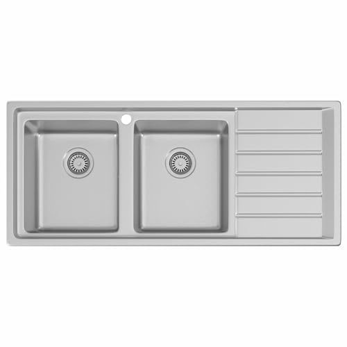 Lussena® 1160 x 500mm Stainless Steel Kitchen Sink 2.0 Double Bowl Sinks, Right Hand Drainer, Inset Drop in Installation, Free Basket Strainer Waste