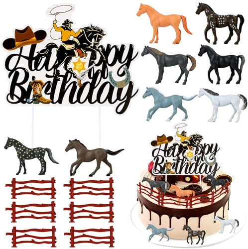15 Stück Pferde-Kuchendekoration,Geburtstag Cake Toppers,Kuchenaufsätze für Geburtstagskuchen,Realistische Kunststoff Pferde Zaun Tortenstecker,Spielfiguren Spielzeug Pferde, zum Spielen oder als Deko