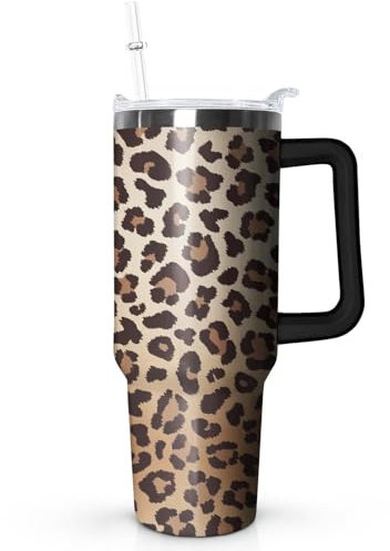 Ceovfoi Becher mit Griff, Leopardenmuster, Reisebecher, Wasserflasche, Dekoration, Geschenke für Frauen, 1,2 l