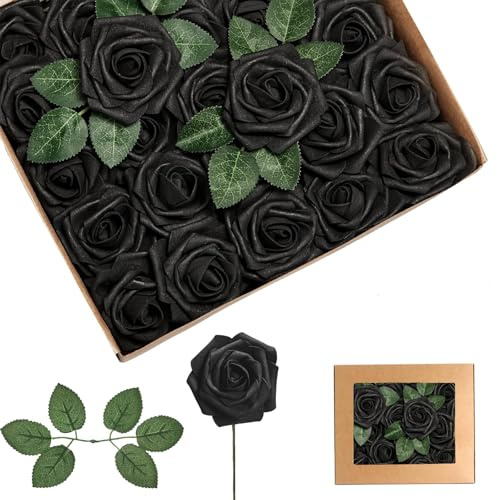 25 rose artificiali nere, rose in schiuma realistiche al tatto con steli, 4 foglie, fiori artificiali per matrimoni, bouquet da sposa, torte, pietre tombali, centrotavola, baby shower, decorazioni