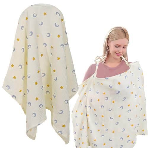 PRmnov Breastfeeding Cover Double Cotton Nursing Cover, Lightweight Breastfeeding Shawl for Outdoor, Breathable, Adjustable Shoulder Strap (Moon and Stars)