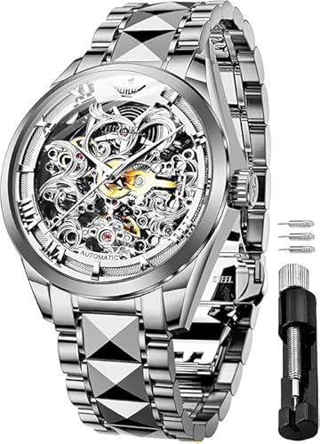 OUPINKE Herren-Skelett-Uhren mechanisch luxuriös automatisch mit Selbstaufzug Saphirglas wasserdicht Wolfram-Stahlband