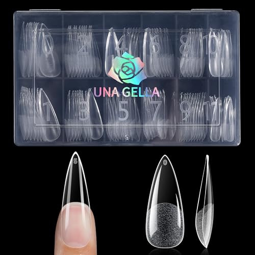 Una Gella - Lot de 120 faux ongles en gel Stiletto à couverture complète - Demi-mat - Longs - Amande - Transparents - Pour extensions d'ongles - Pour manucure à domicile et salon de manucure - 12