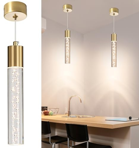 Mikeru Modern Bedside Pendant Light, 3 Colour Temperatures 3000k/4500k/6500k Gold Pendant Light, LED Acrylic Cylinder Chandelier for Dining Room, Cafe, Living Room, Offic