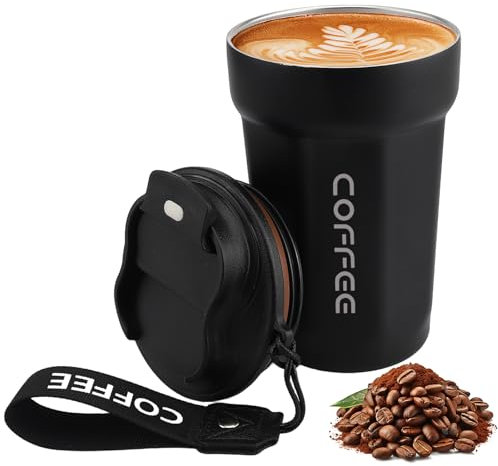 Lrocotanc Mug Cafe - Tasse À Café en Acier Inoxydable 450ml - Mug Cafe de Voyage - Gobelet Isolant Sous Vide Antifuite avec Couvercle - Coffee Cup (Noir)