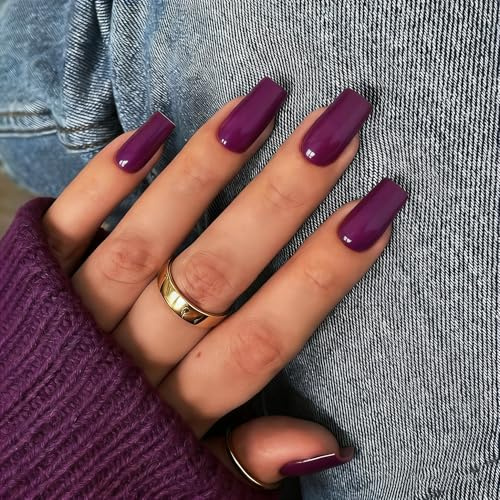 KQueenest Press On Nails Lange Mittel Eckig, Sarg Nägel zum Aufkleben Beere, Glänzende Jelly-Gel Fake Nails Fingernägel zum aufkleben Ballerina, Einfarbig Acryl Kunstnägel für Frauen, 24 Stück