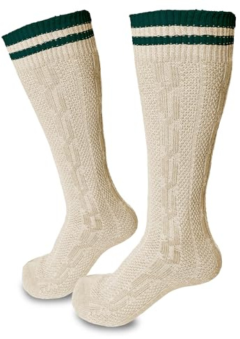 Steigenhöfer Manufaktur Calcetines largos a rayas para hombre y mujer de algodón – Medias tradicionales para Oktoberfest y otras celebraciones – Calcetines unisex Wiesn, Beige-Verde, 45-46