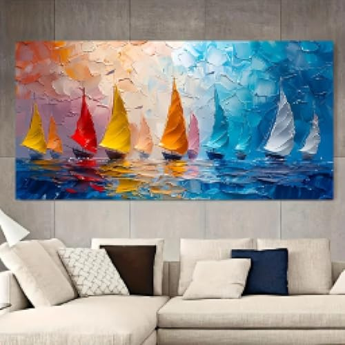 ZHUOYA Abstrakte Segelschiffe, Leinwandbild, modernes Wandbild mit Meereslandschaft, farbenfrohes Gemälde mit Meerblick für die Dekoration von Büroräumen, 80 x 120 cm, rahmenlos