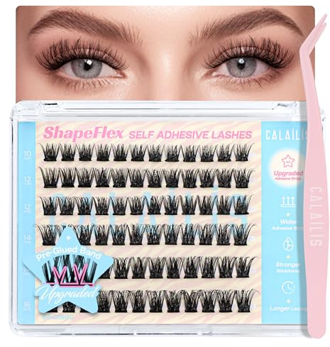 CALAILIS Pre Glued Cluster Lashes Self Adhesive Eyelashes No Glue Needed 72Pcs D Curl Reusable Pre Glued Eyelashes Wispy Cluster Lashes Kit with Tweezers for Beginners (ZN10)