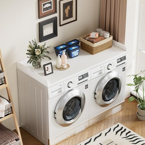 MSFE Housse de Machine à Laver, Comptoir pour Machine À Laver Sèche Linge 122 x 60 x 7 cm, Moderne Dessus Machine a Laver avec Grand Bureau de Travail, Rebord de Sécurité